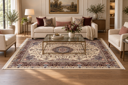 Ivory Burgundy Medallion Natural Wool & Silk Carpet 150x225 cm