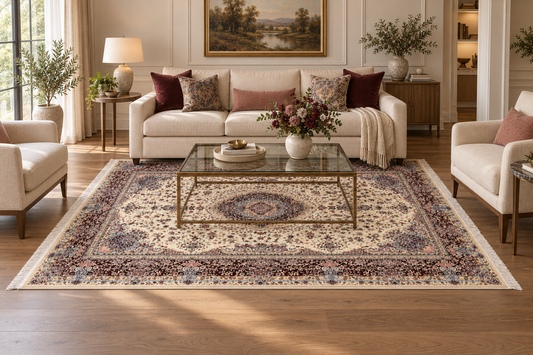 Ivory Burgundy Medallion Natural Wool & Silk Carpet 150x225 cm