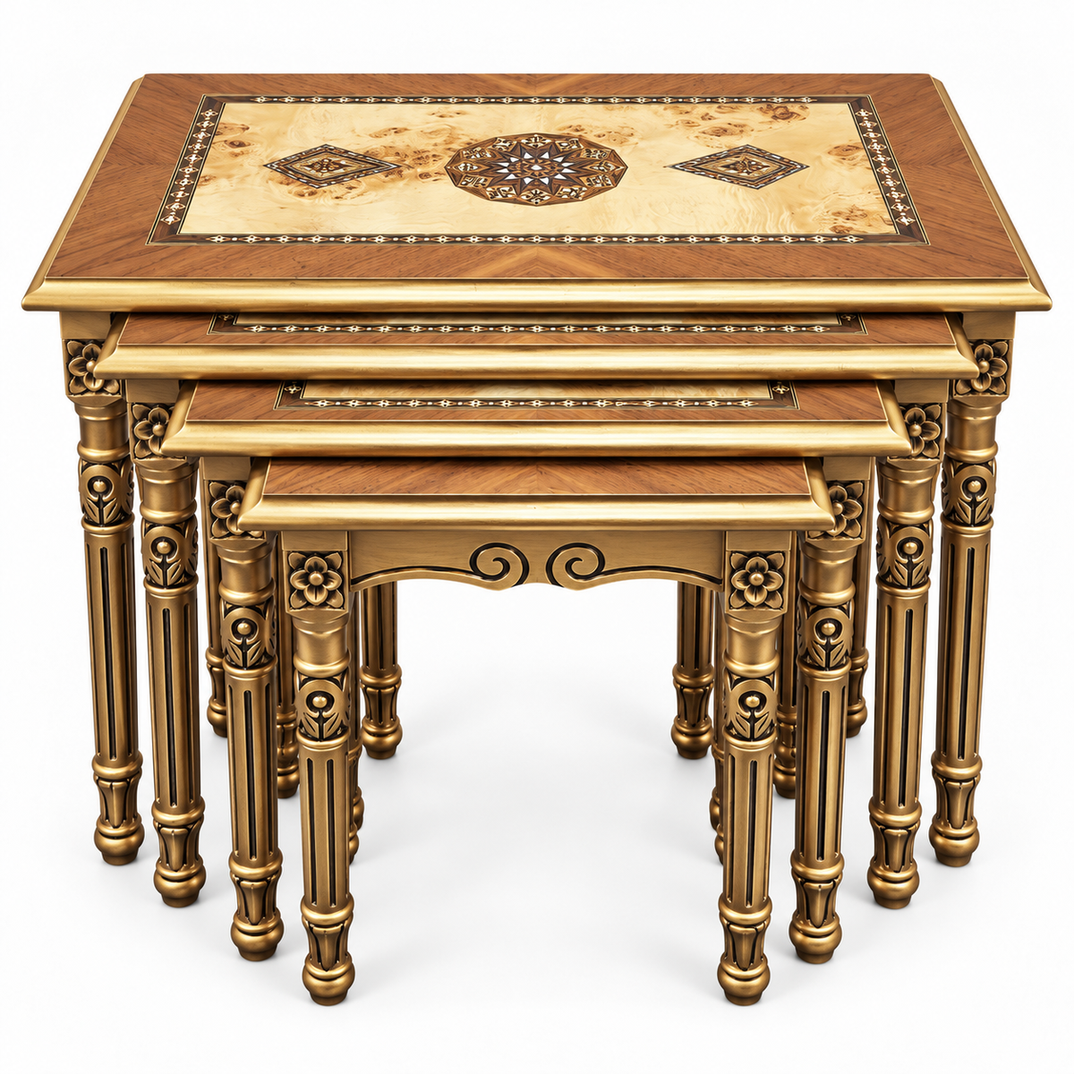 Seljuk Mosaic Hand-Carved Nesting Tables 4in1