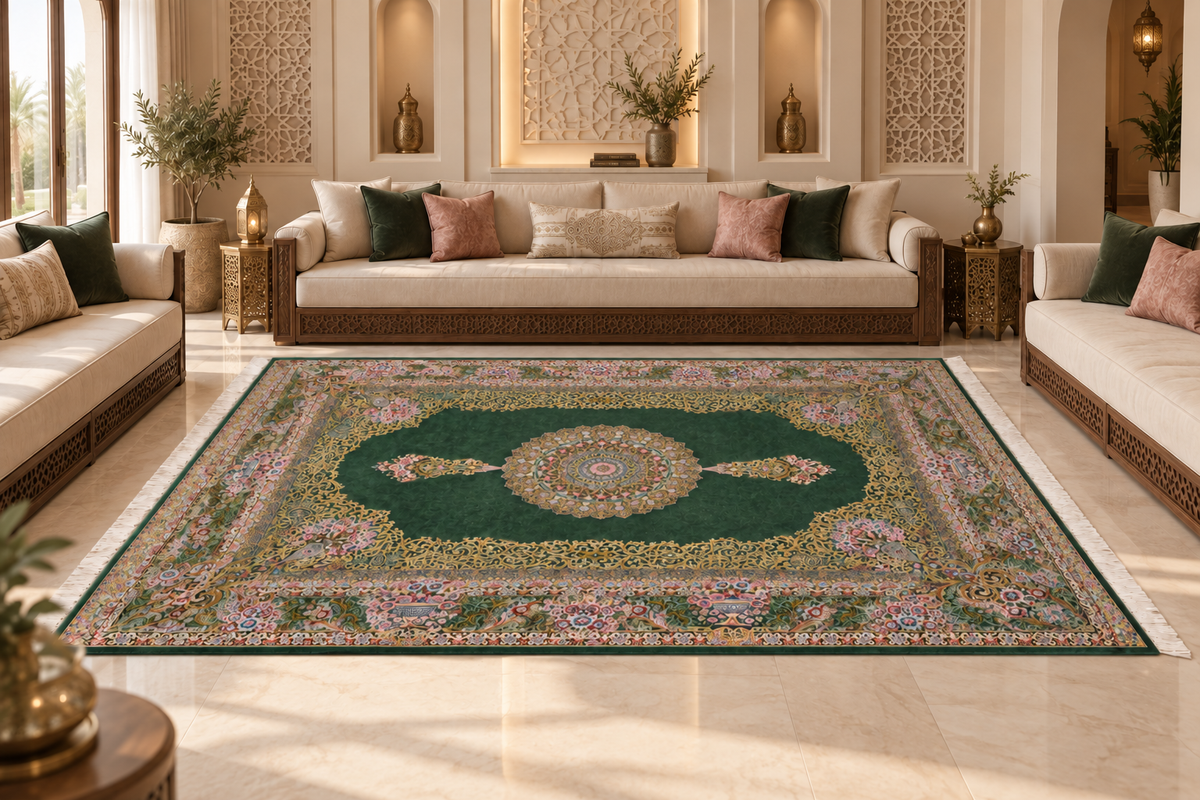 Emerald Royal Garden Hand-Bordered Natural Wool &Silk Carpet 200x300 cm