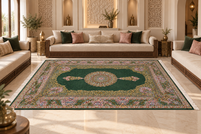 Emerald Royal Garden Hand-Bordered Natural Wool &Silk Carpet 200x300 cm