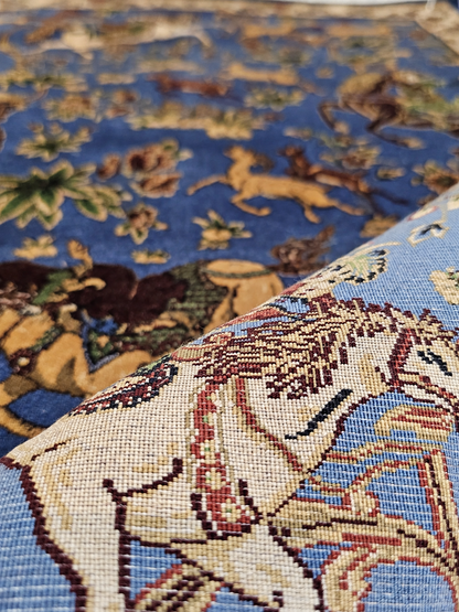 Royal Persian Hunting Garden Silk Carpet  - Blue - 60x90cm