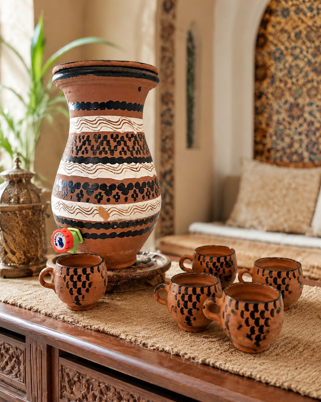 Handcrafted Moroccan Clay Water Jar & Cup Set