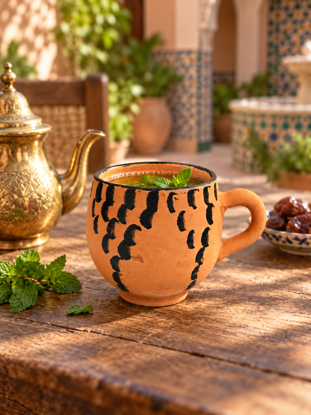 Handcrafted Moroccan Clay Water Cup, Black and Terracotta Pattern (Ds02)