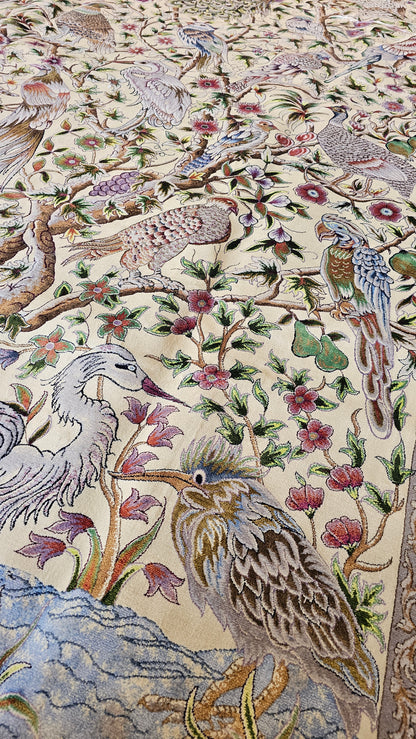 Persian Enchanted Aviary Hand-Bordered  Natural Wool & Silk Carpet 200x300 cm