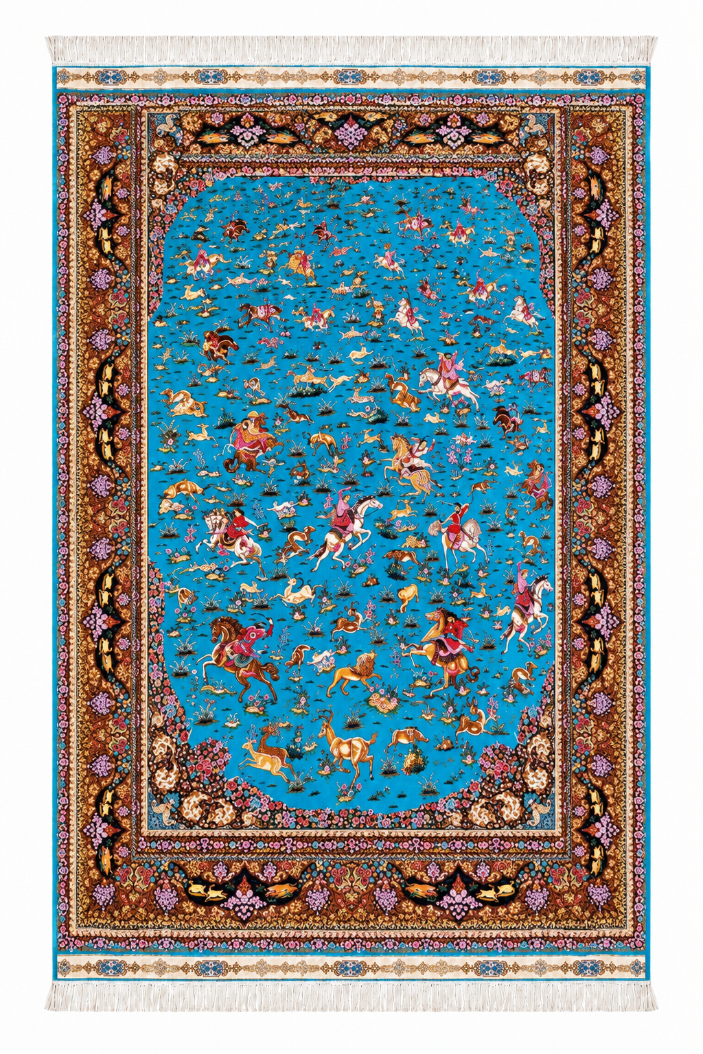 Royal Turquoise Hunting Scene Hand-Bordered Natural Wool & Silk Carpet 200x300 cm