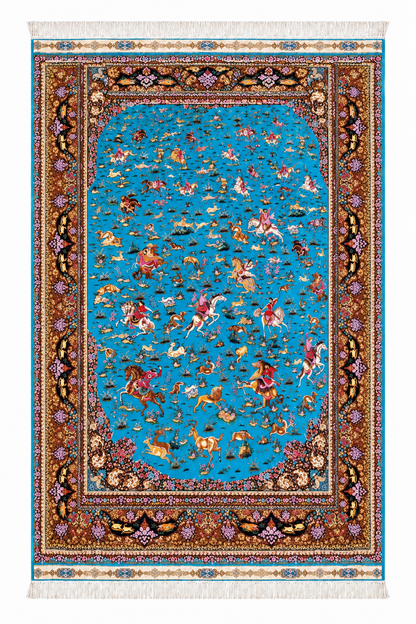 Royal Turquoise Hunting Scene Hand-Bordered Natural Wool & Silk Carpet 200x300 cm