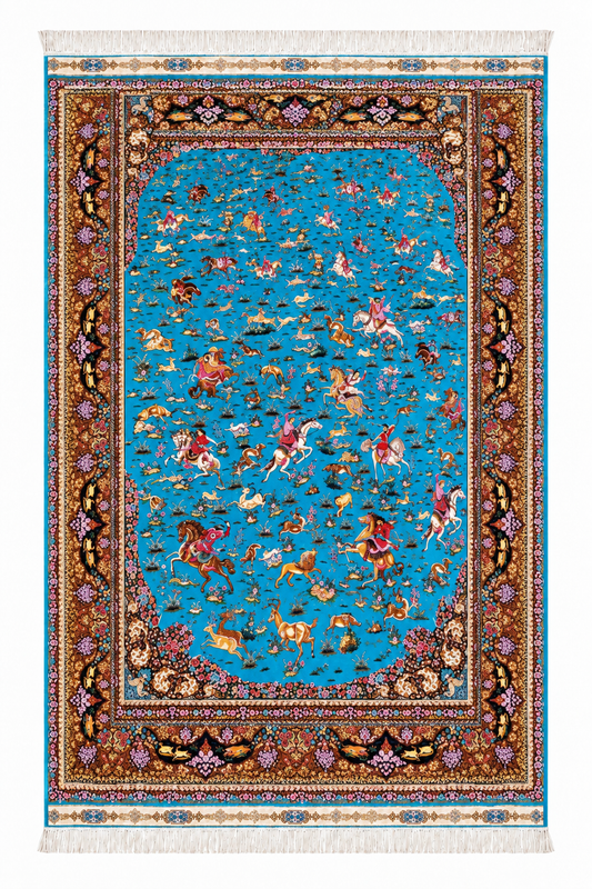 Royal Turquoise Hunting Scene Hand-Bordered Natural Wool & Silk Carpet 200x300 cm
