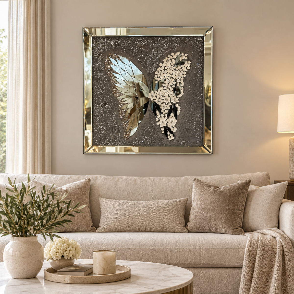 Handcrafted Silver Blossom Butterfly Wall Frame (70x70cm)