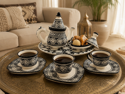 Moroccan Coffee Set - Black & White Geometric Design - Traditional Fez Pottery