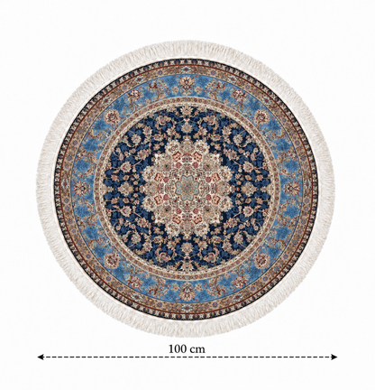 Persian Sapphire Royal Medallion Round Silk Carpet 100cm Diameter