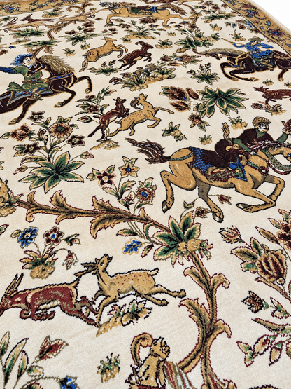 Royal Persian Hunting Garden Silk Carpet - Beige -  60x90cm