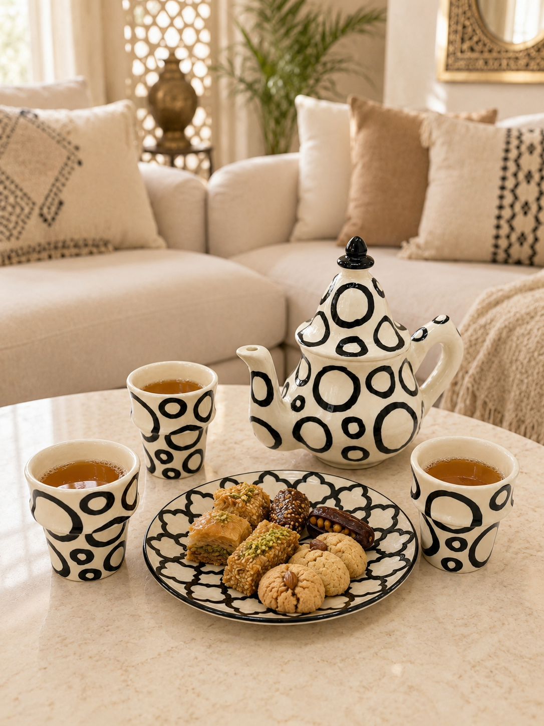 Moroccan Black Pebble Design-Ceramic Teapot Set