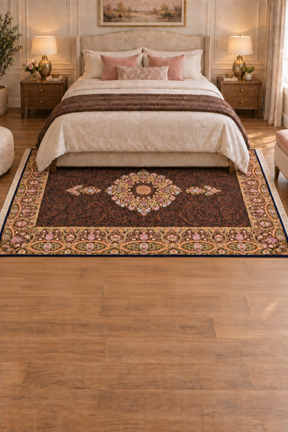 Royal Mocha Medallion Hand-Bordered Natural  Wool & Silk Carpet 200x300 cm