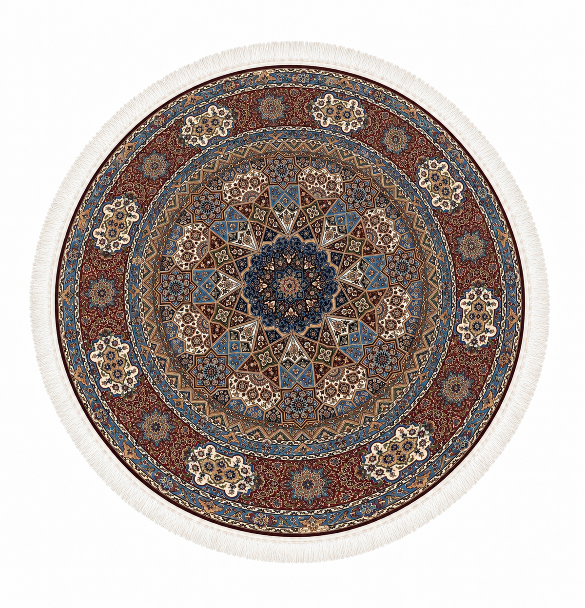 Persian Heritage Star Medallion Burgundy Round Silk Carpet 200cm Diameter