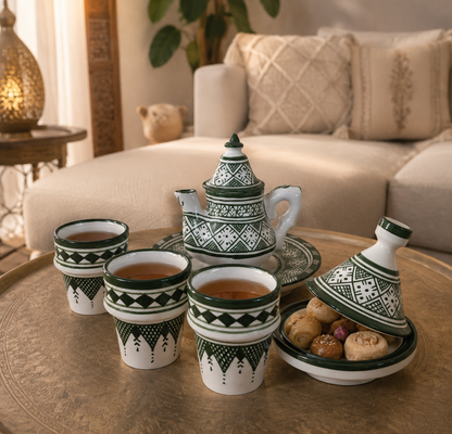 Moroccan  Tea Set - Green & White Geometric Design - Traditional Fez Pottery