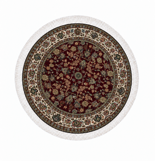 Imperial Burgundy Garden Persian Round Silk Carpet 100cm Diameter