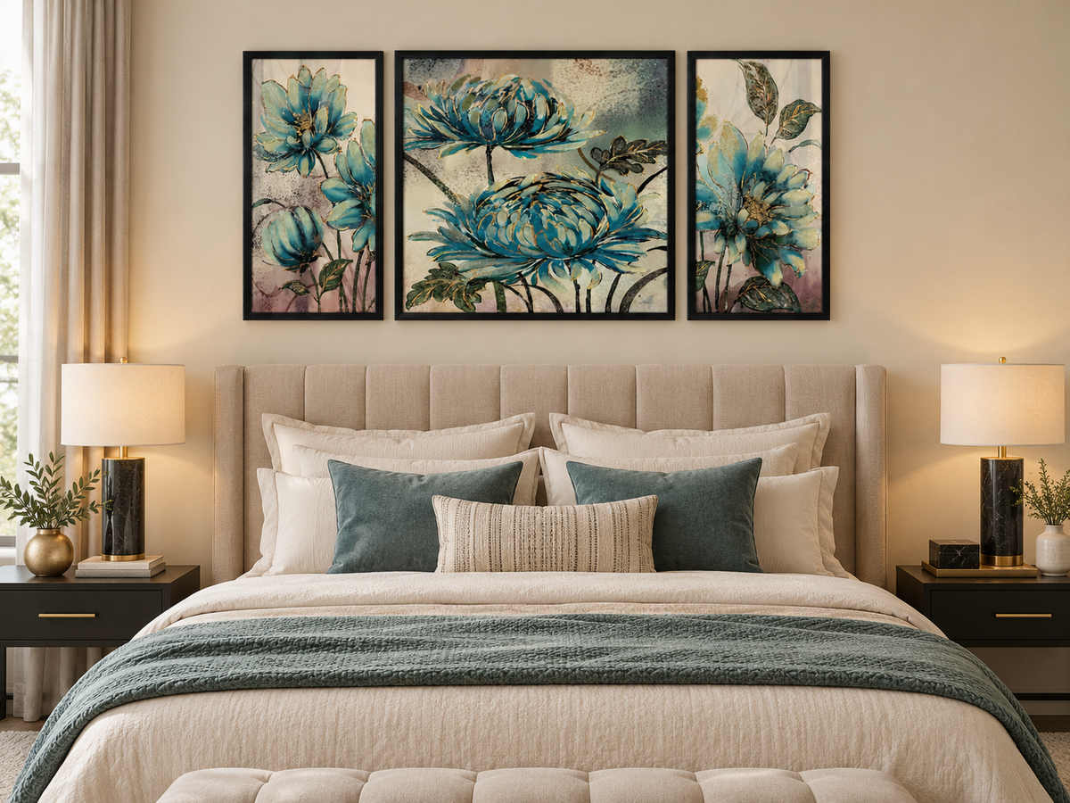 Handcrafted Teal Blossom Harmony 3-in-1  Wall Art Frame