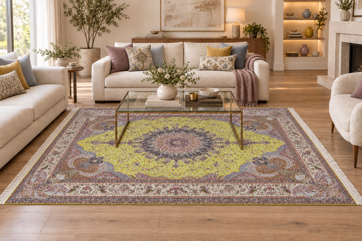 Lime Radiance Hand-Bordered Natural Wool & Silk Carpet 300x400 cm