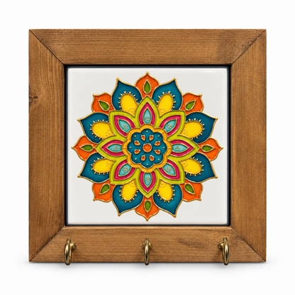 Embossed Floral Ceramic Tile Wooden Key Holder 15x15cm