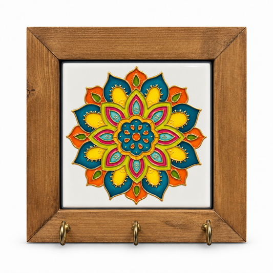 Embossed Floral Ceramic Tile Wooden Key Holder 15x15cm