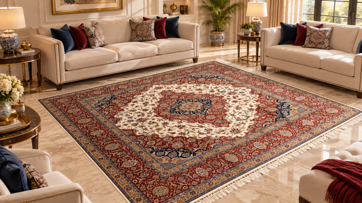 Royal Burgundy Persian Silk Medallion Carpet 200x200cm