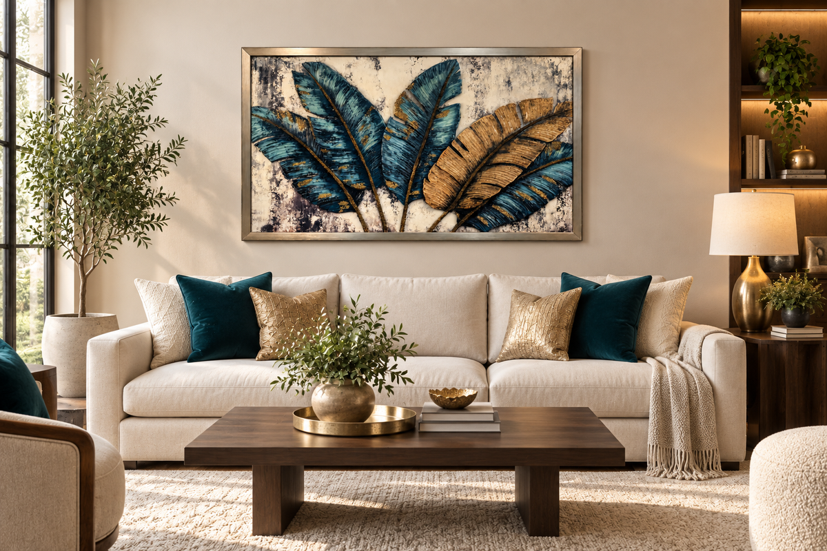 Emerald Golden Leaves Decorative Wall Art Frame (75x125cm)