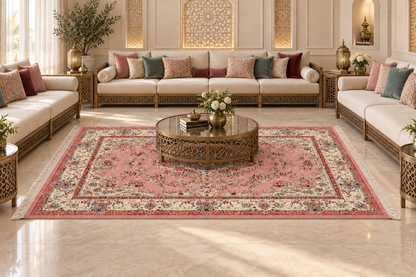 Blush Rose Medallion Hand-Bordered Natural Wool & Silk Carpet 200x300 cm