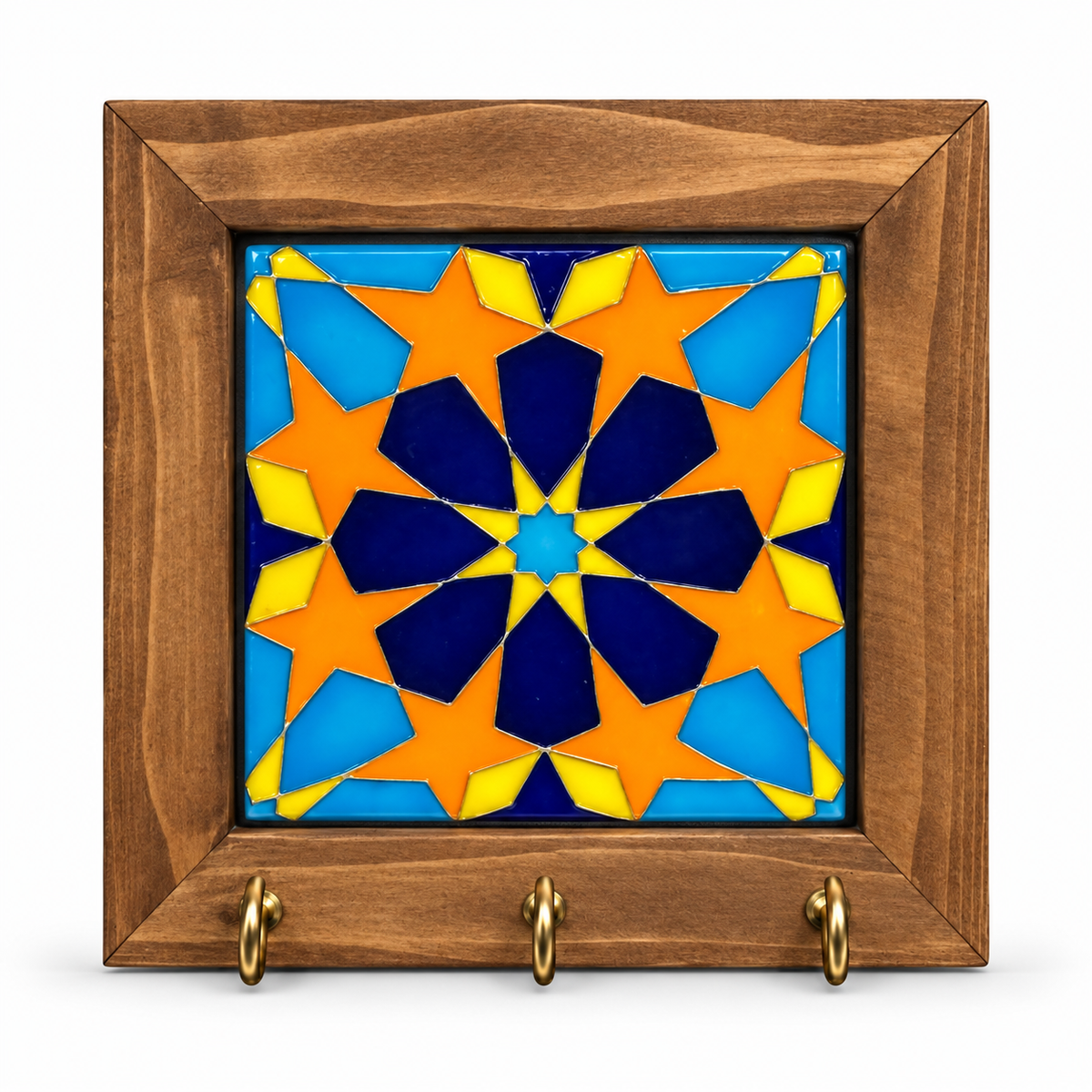 Embossed Floral Ceramic Tile Wooden Key Holder 15x15cm