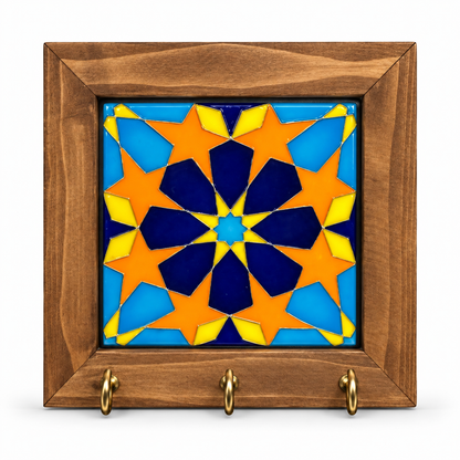 Embossed Floral Ceramic Tile Wooden Key Holder 15x15cm