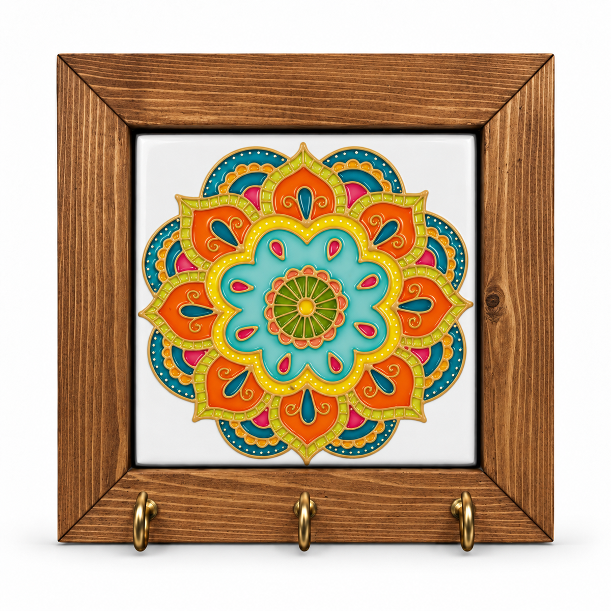 Embossed Floral Ceramic Tile Wooden Key Holder 15x15cm