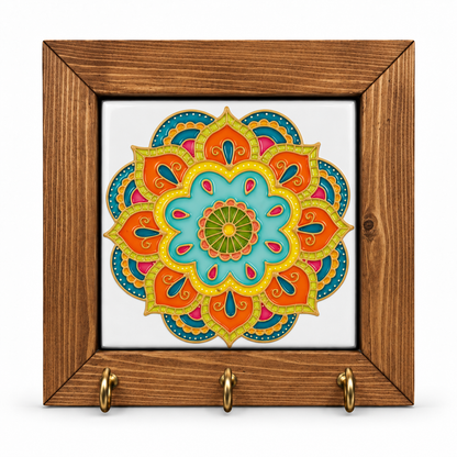 Embossed Floral Ceramic Tile Wooden Key Holder 15x15cm