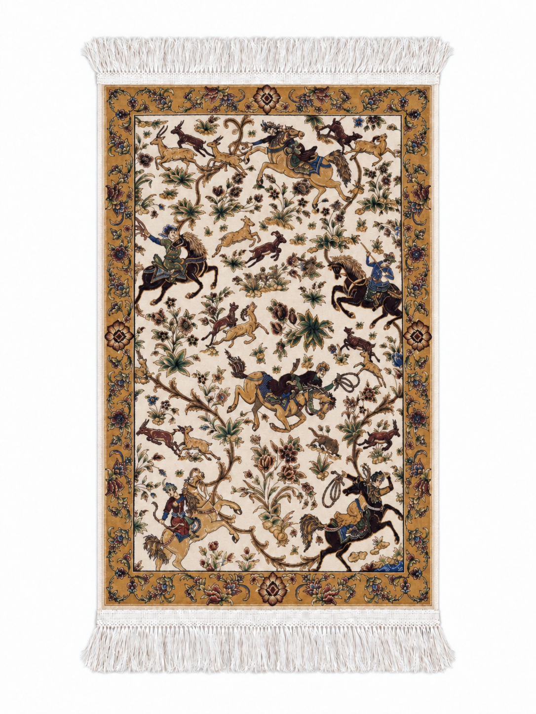 Royal Persian Hunting Garden Silk Carpet - Beige -  60x90cm