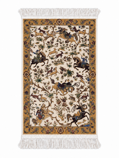 Royal Persian Hunting Garden Silk Carpet - Beige -  60x90cm