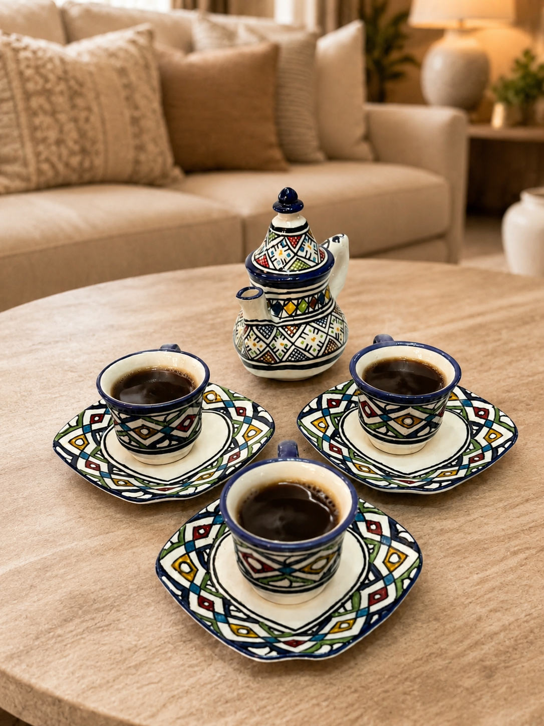 Moroccan Ceramic Coffee Set - Traditional Fez Pottery with Geometric Design