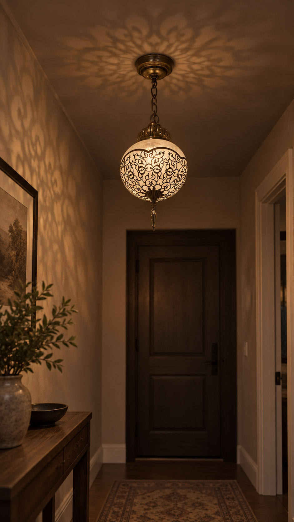 Ottoman Floral Pyrex Glass Laser-Cut Turkish Brass Chandelier
