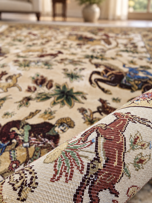 Royal Persian Hunting Garden Silk Carpet - Beige -  60x90cm