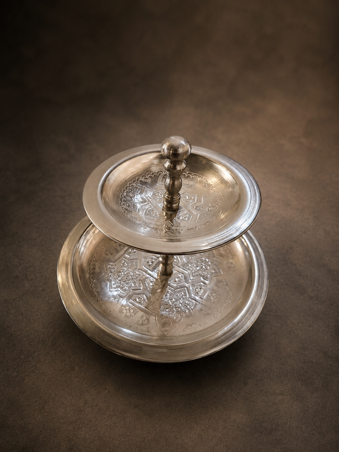 Moroccan Engraved Nickle Two-Tier Sweet Stand - Small M139