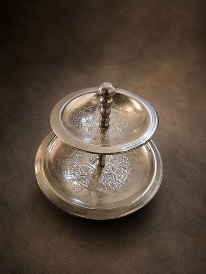 Moroccan Engraved Nickle Two-Tier Sweet Stand - Small M139