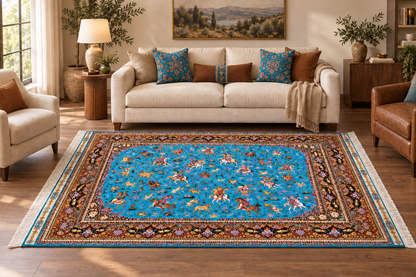Royal Turquoise Hunting Scene Hand-Bordered Natural Wool & Silk Carpet 200x300 cm
