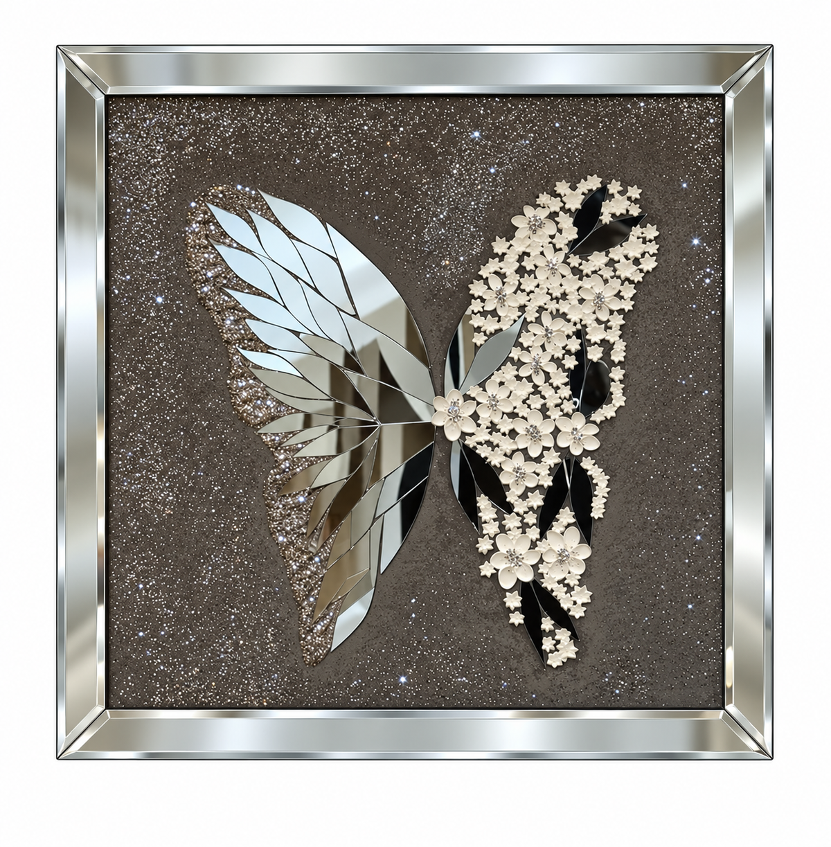 Handcrafted Silver Blossom Butterfly Wall Frame (70x70cm)