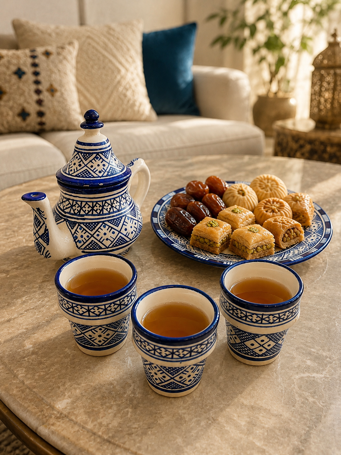 Moroccan Tea Set - Blue & White Geometric Design - Traditional Fez Pottery
