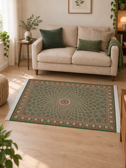 Emerald Sunburst Persian Silk Carpet 100x150cm