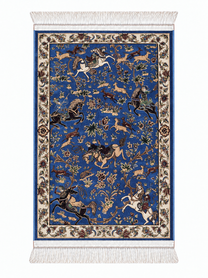 Royal Persian Hunting Garden Silk Carpet  - Blue - 60x90cm