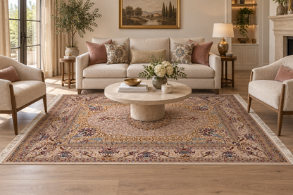 Golden Garden Medallion Hand-Bordered Natural Wool & Silk Carpet 200x300 cm