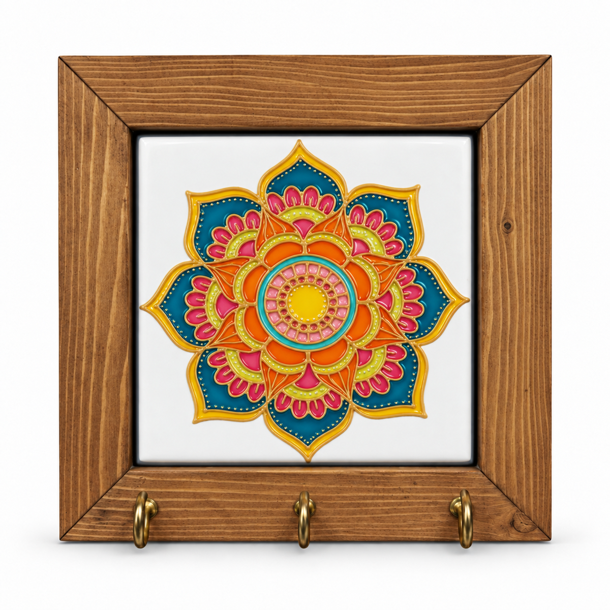 Embossed Floral Ceramic Tile Wooden Key Holder 15x15cm