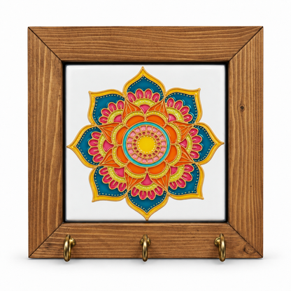 Embossed Floral Ceramic Tile Wooden Key Holder 15x15cm