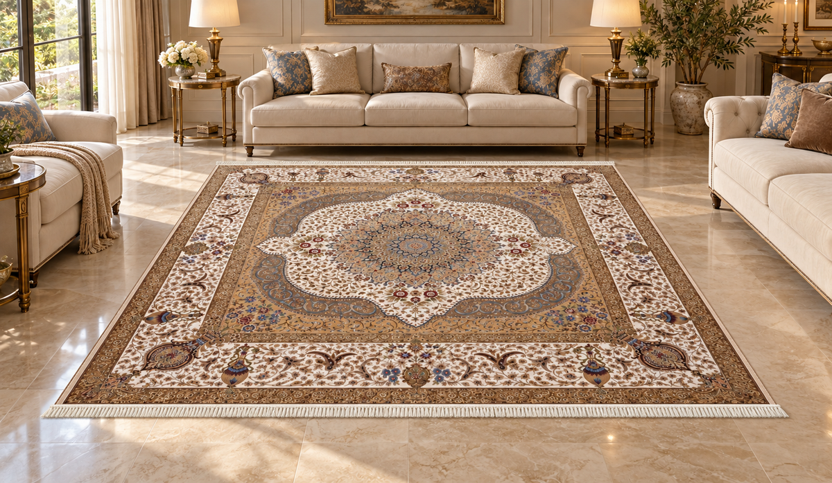 Ivory Sand  Medallion Persian Silk Carpet 200x200 cm