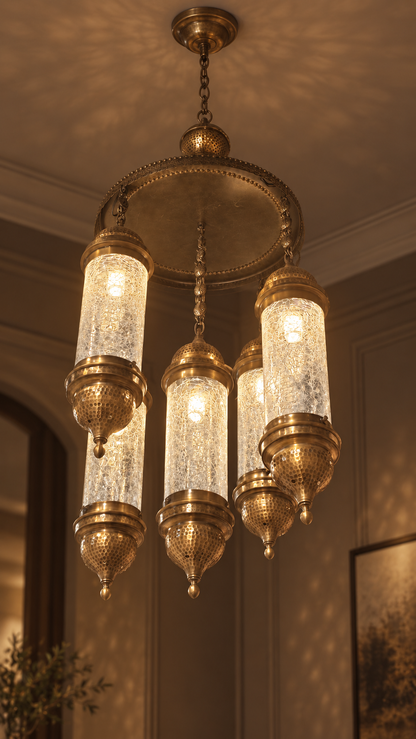 Ottoman Pyrex Glass Turkish Brass Chandelier 5 Branches