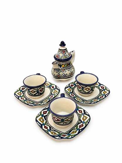 Moroccan Ceramic Coffee Set - Traditional Fez Pottery with Geometric Design